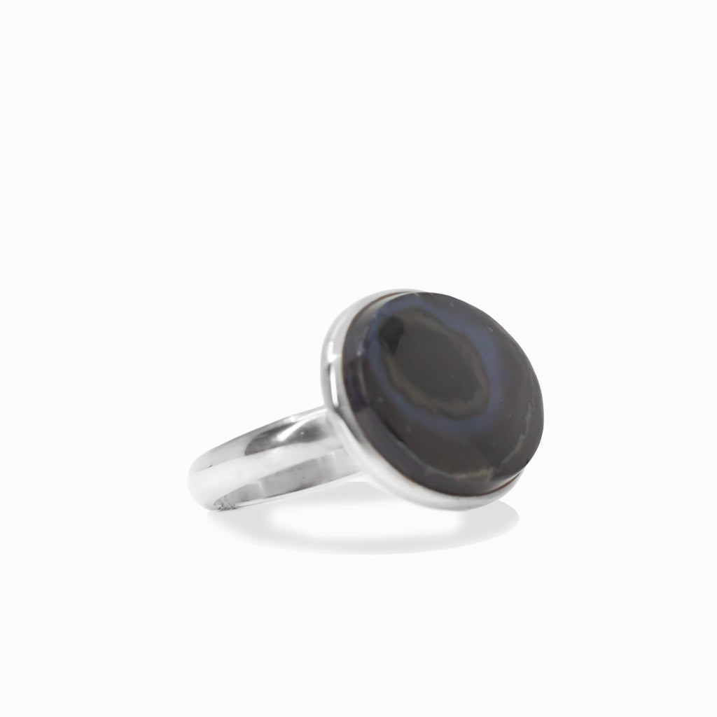 Freeform Psilomelane cabochon statement ring set in polished sterling silver.