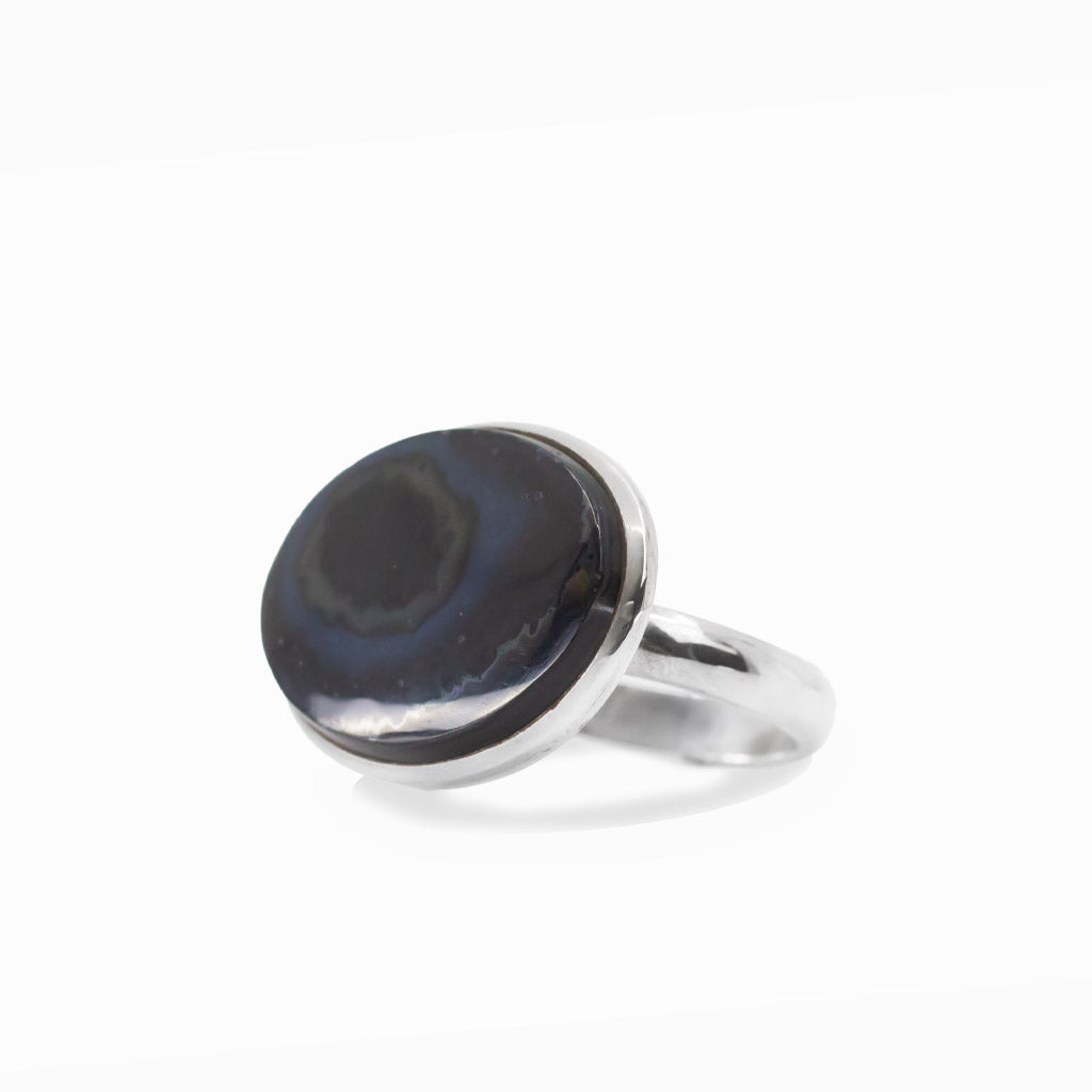 Freeform Psilomelane cabochon statement ring set in polished sterling silver.
