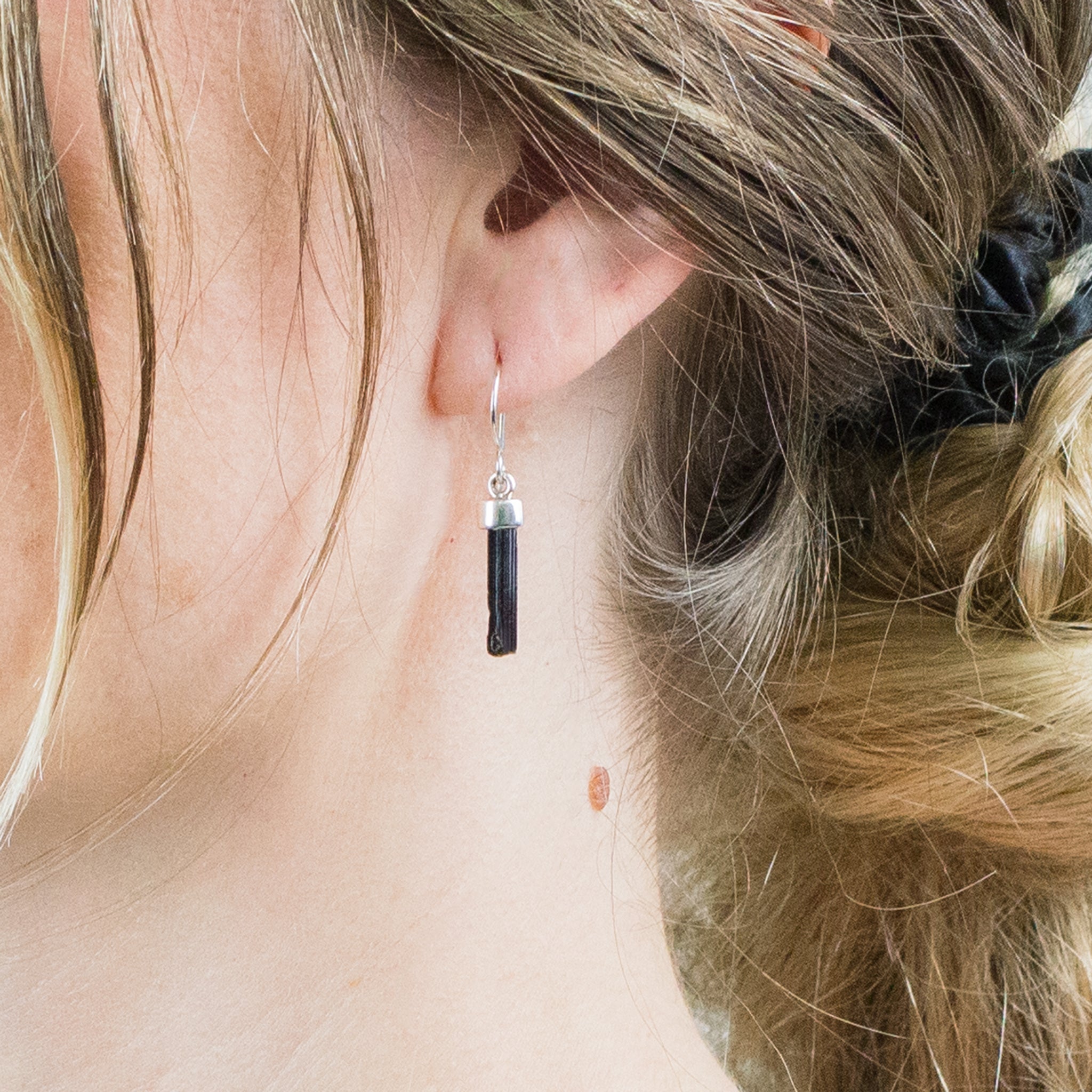 BLACK TOURMALINE PENCIL DROPS ON MODEL