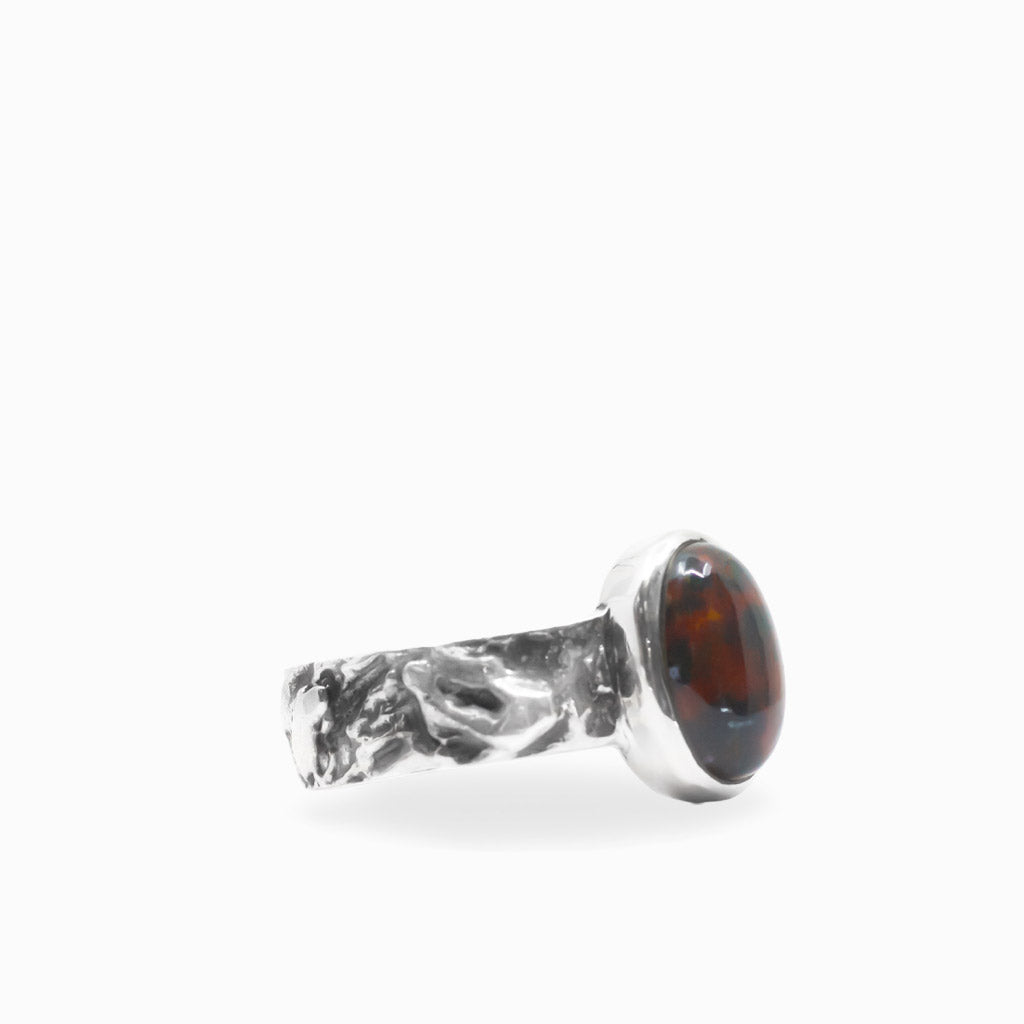 Oval Bloodstone cabochon in a polished bezel on a textured 925 sterling silver ring.