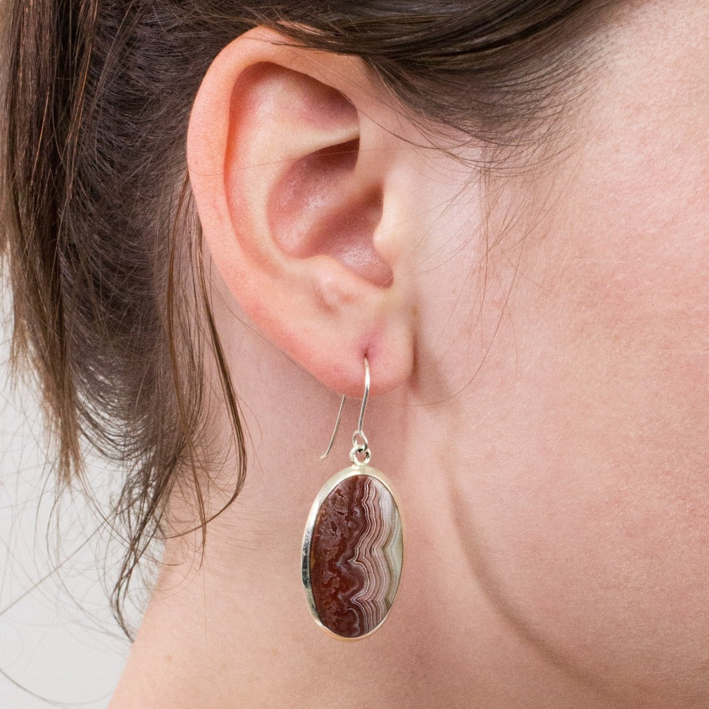 Crazy Lace Agate drop earrings on model
