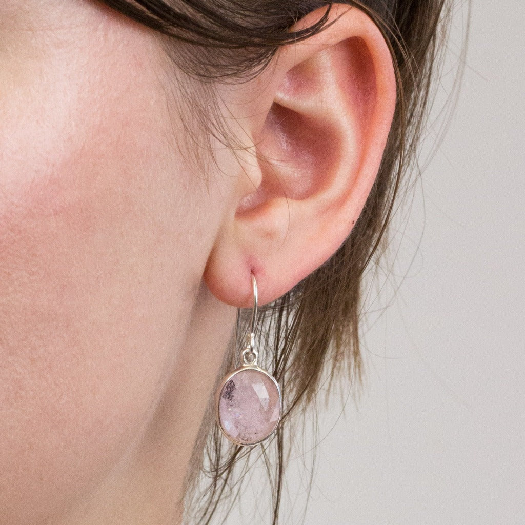 Morganite drop earrings on model