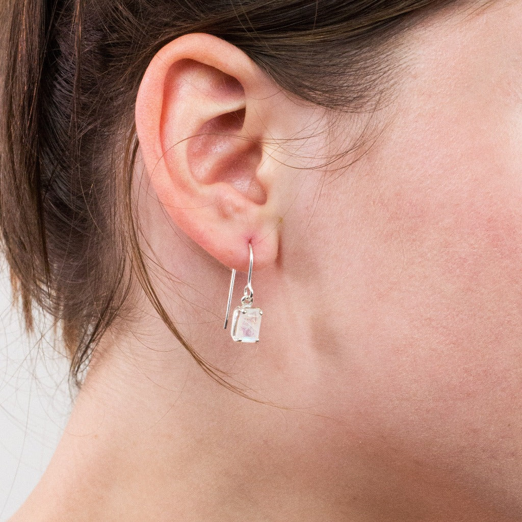 Rainbow Moonstone drop earrings on model