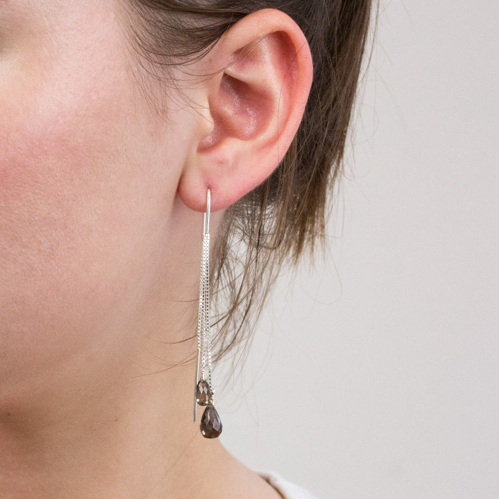 Smokey Quartz drop earrings on model