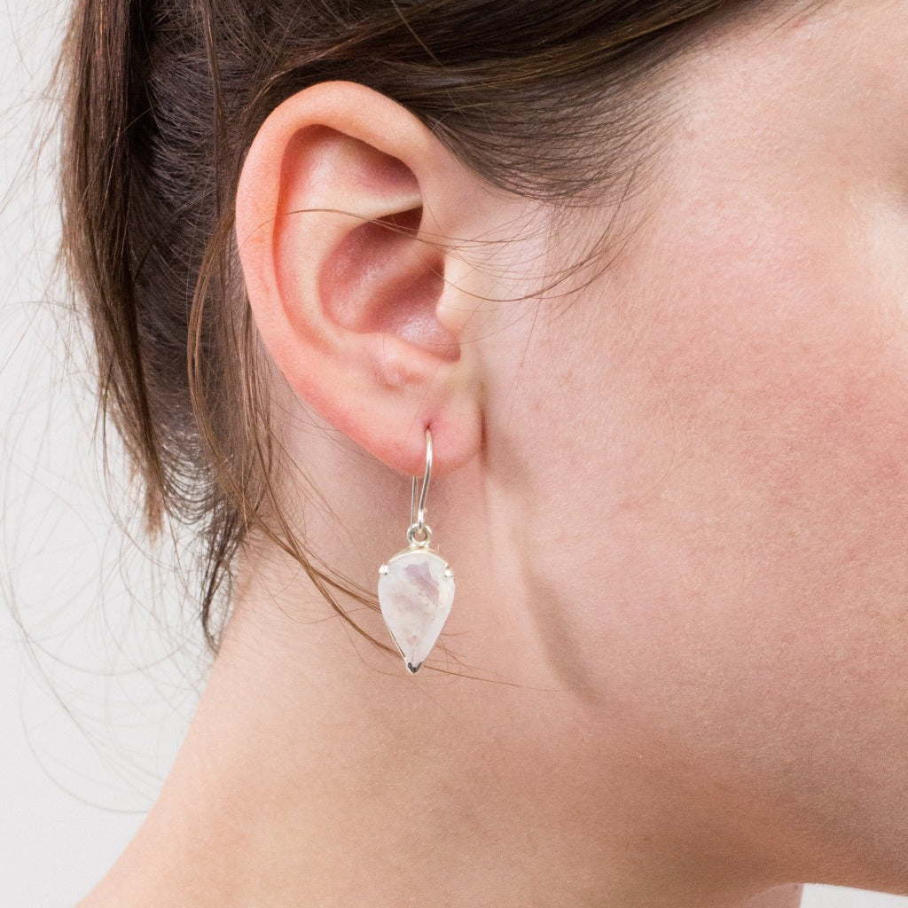 Rainbow Moonstone drop earrings on model