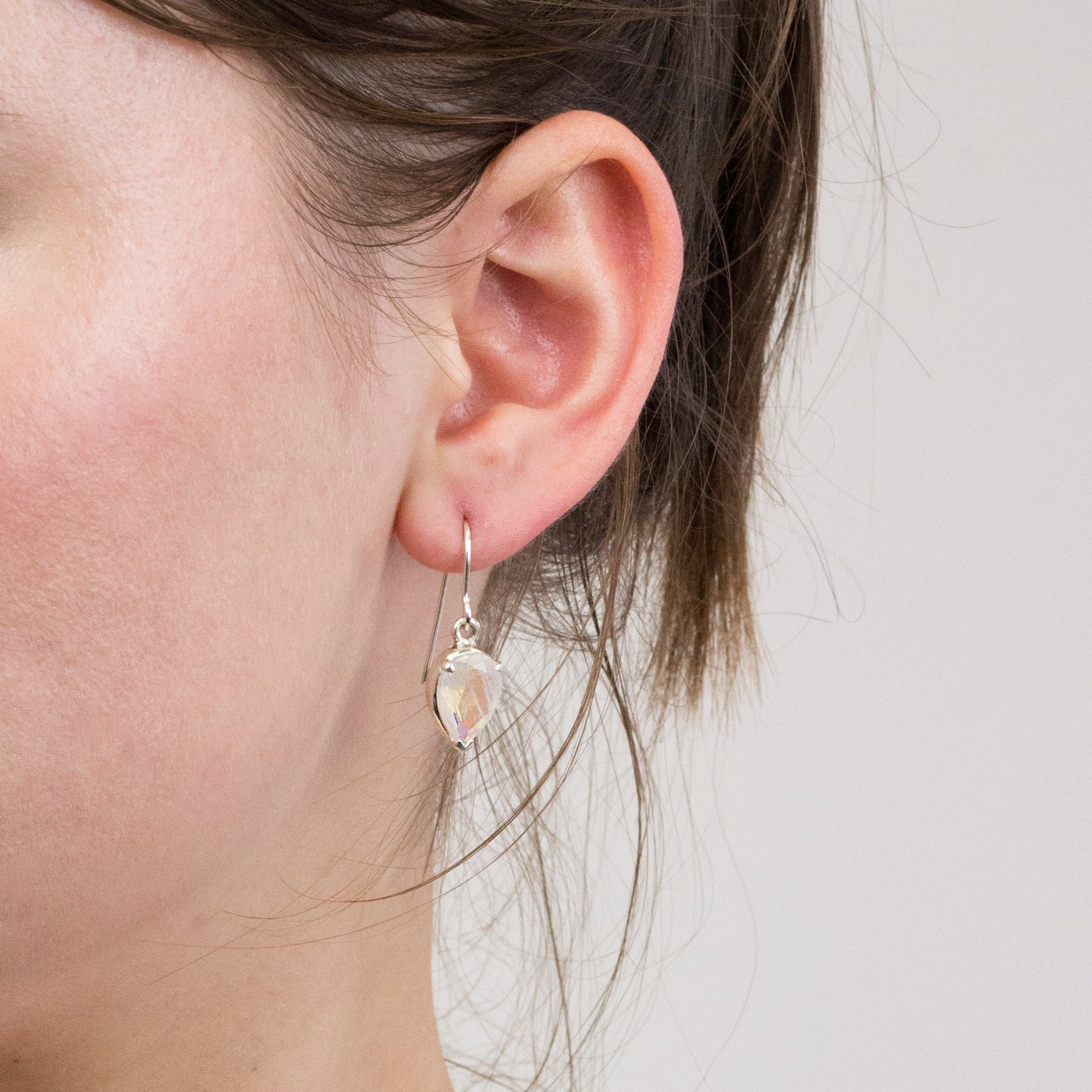 Rainbow Moonstone drop earrings on model