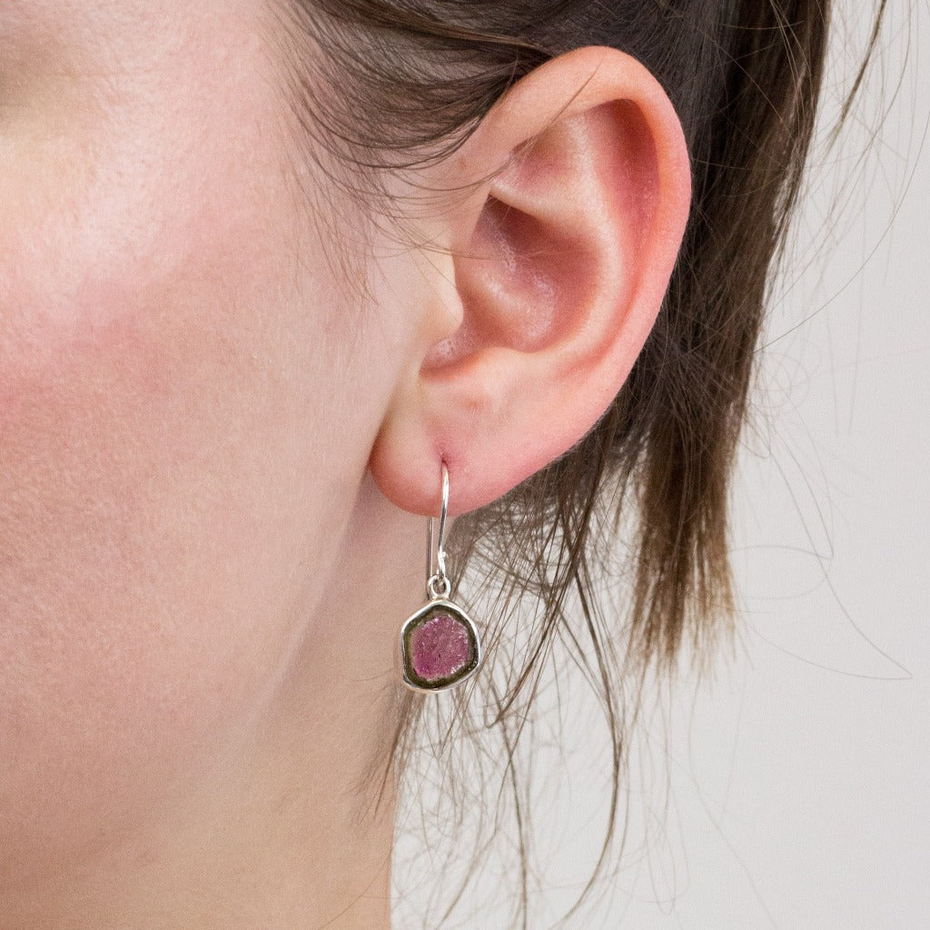 Watermelon Tourmaline drop earrings on model