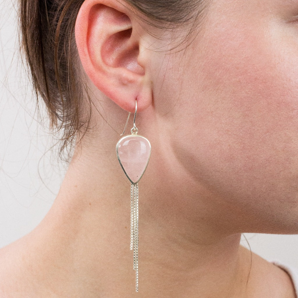 Rose Quartz drop earrings on model