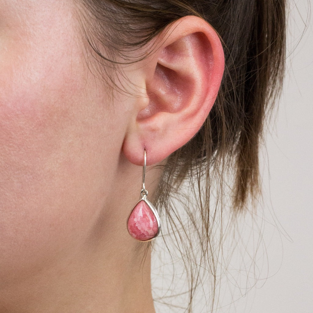 Rhodochrosite drop earrings on model