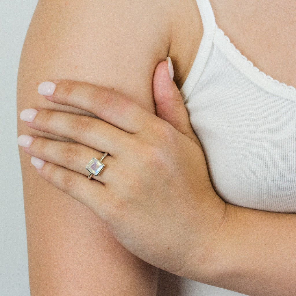 Rainbow Moonstone ring on model