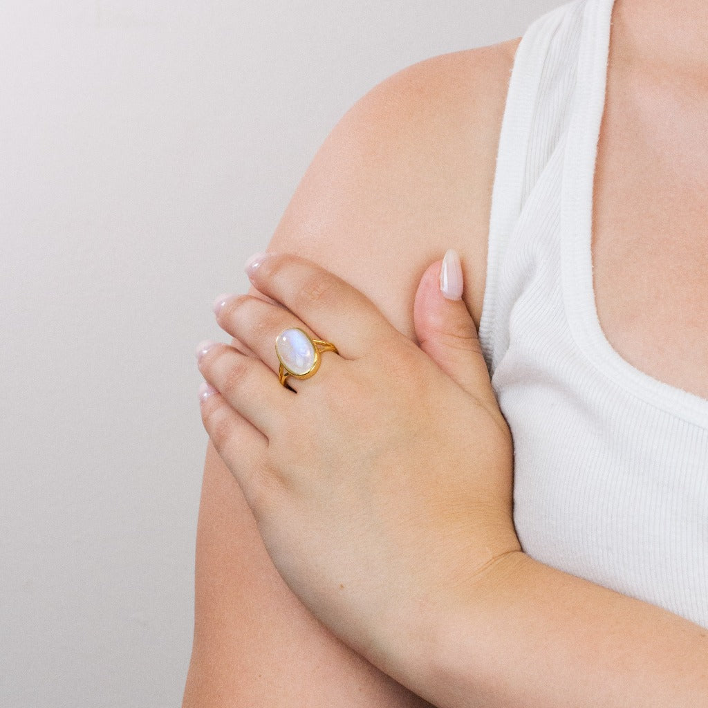 Rainbow Moonstone ring on model