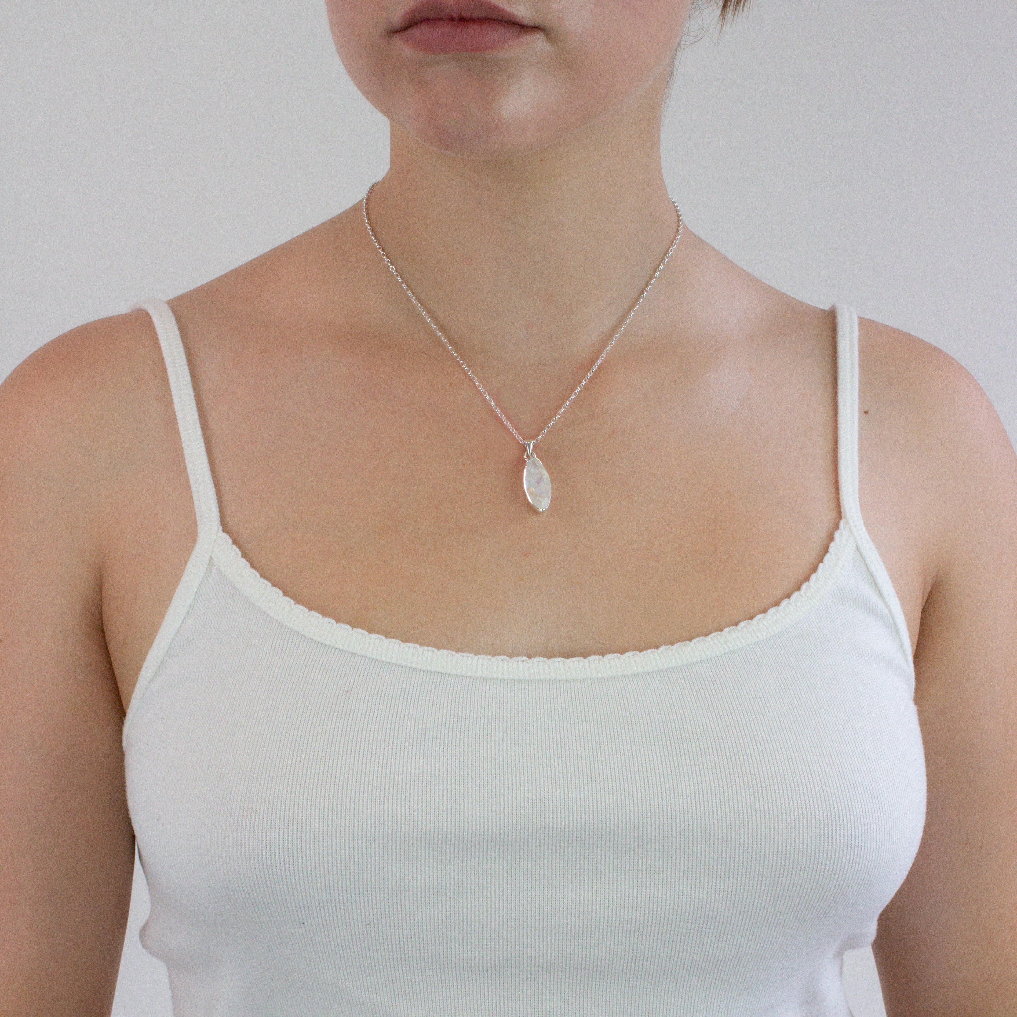 RAINBOW MOONSTONE NECKLACE ON MODEL