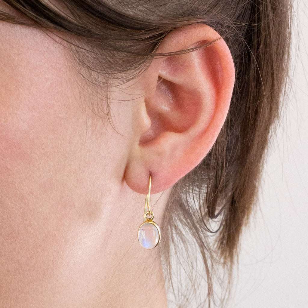 Rainbow Moonstone drop earrings on model