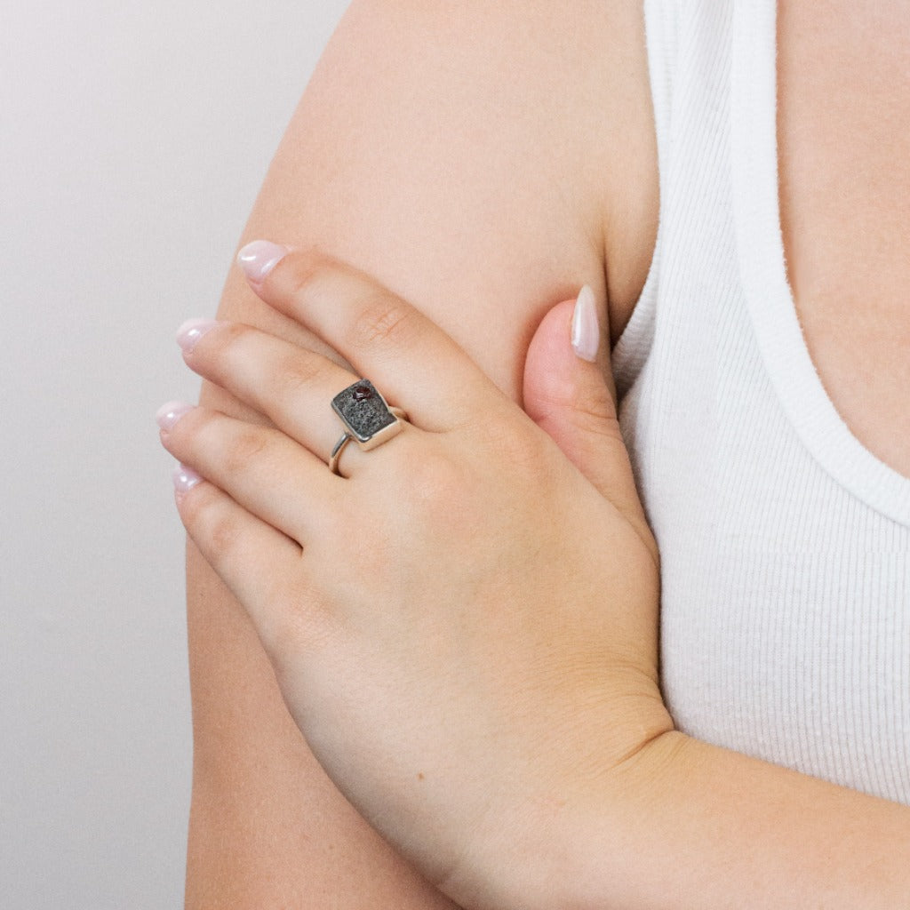 Raw Garnet ring on model