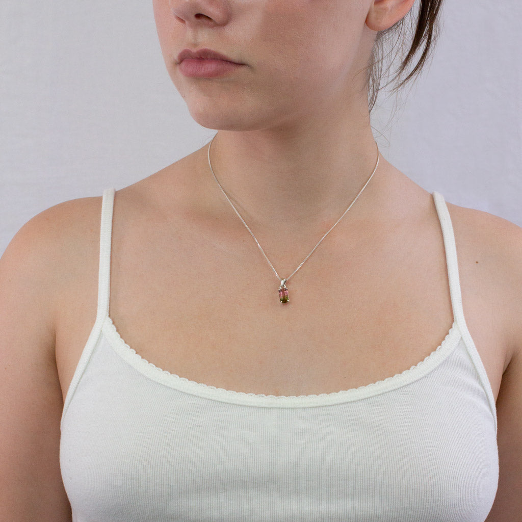 Rectangle faceted Watermelon Tourmaline necklace on Model