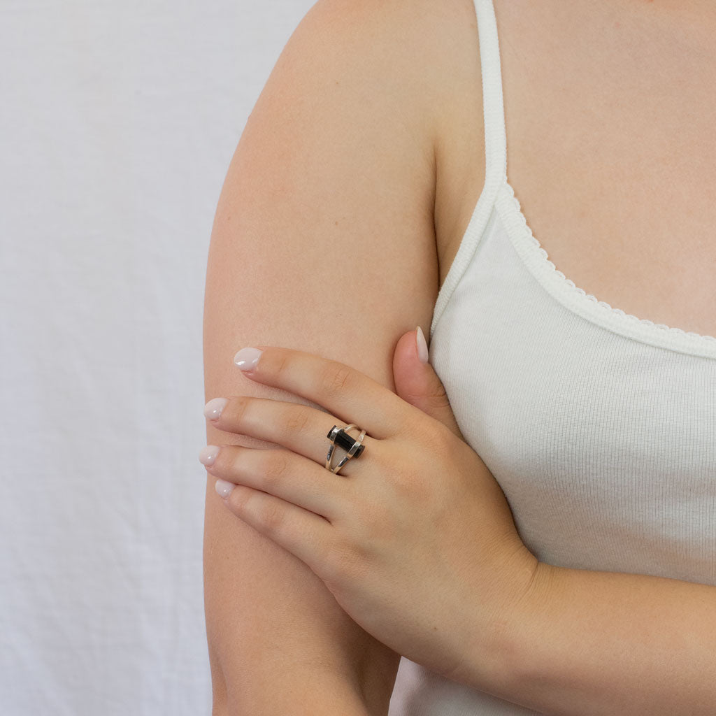 Black Tourmaline ring on model