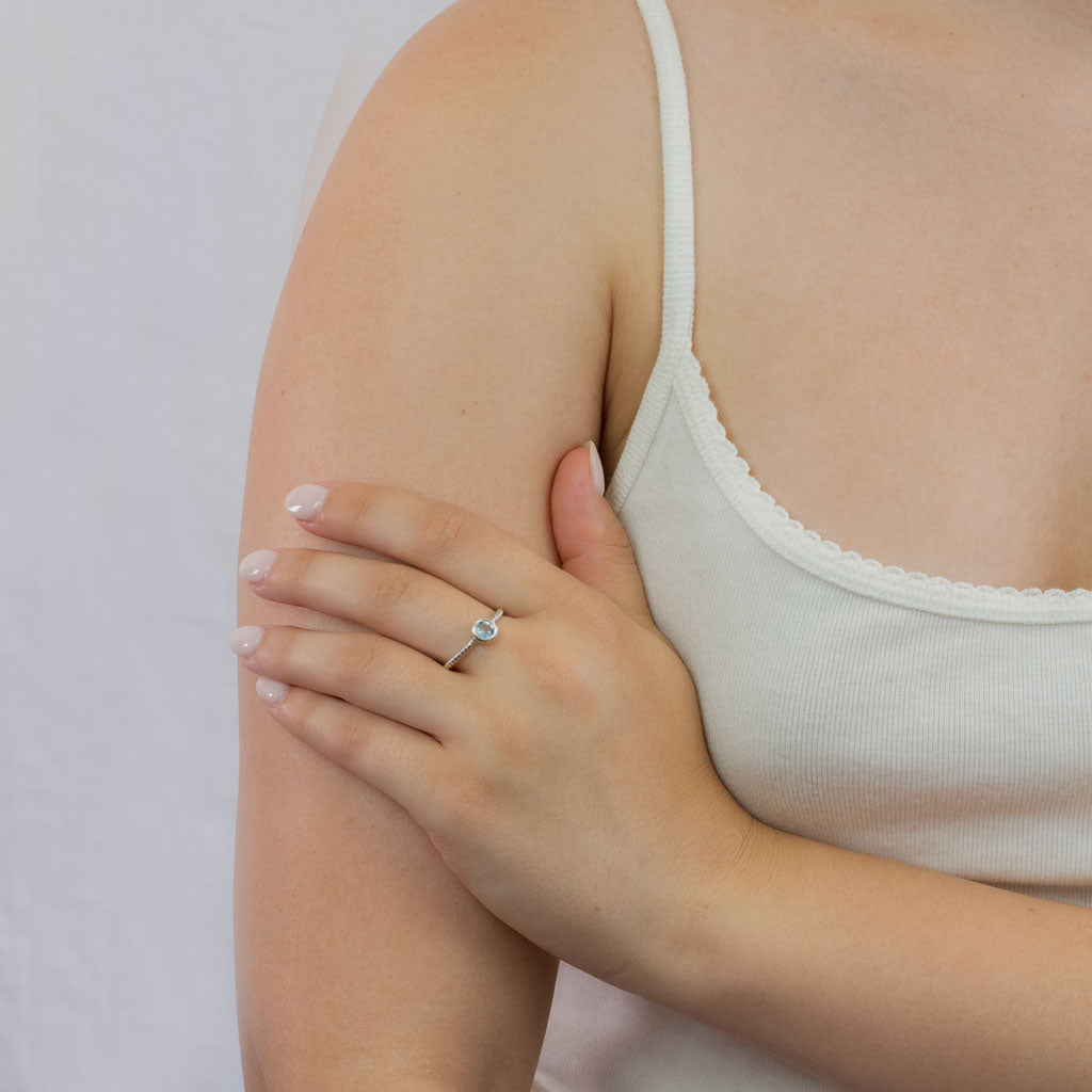 Blue Topaz ring on model