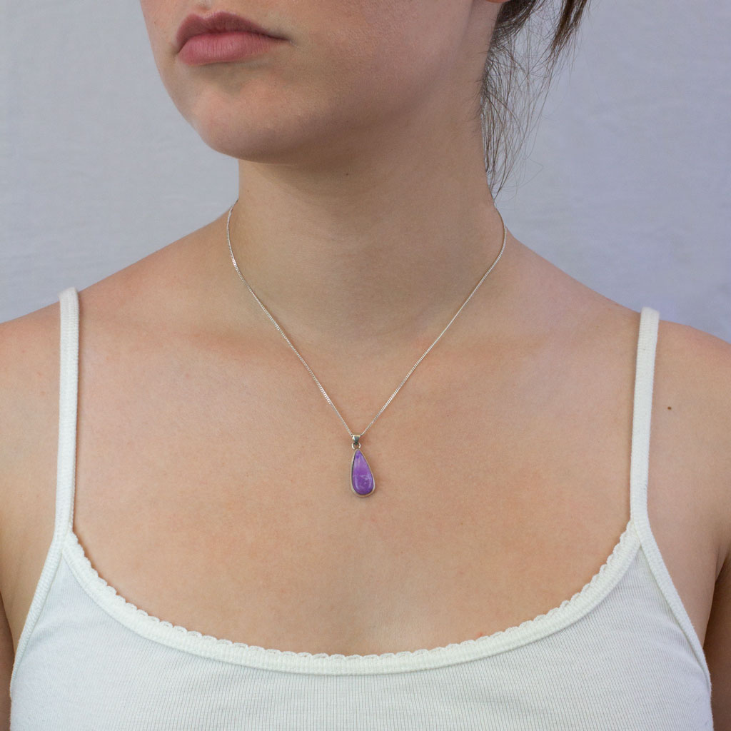 Sugilite necklace on model