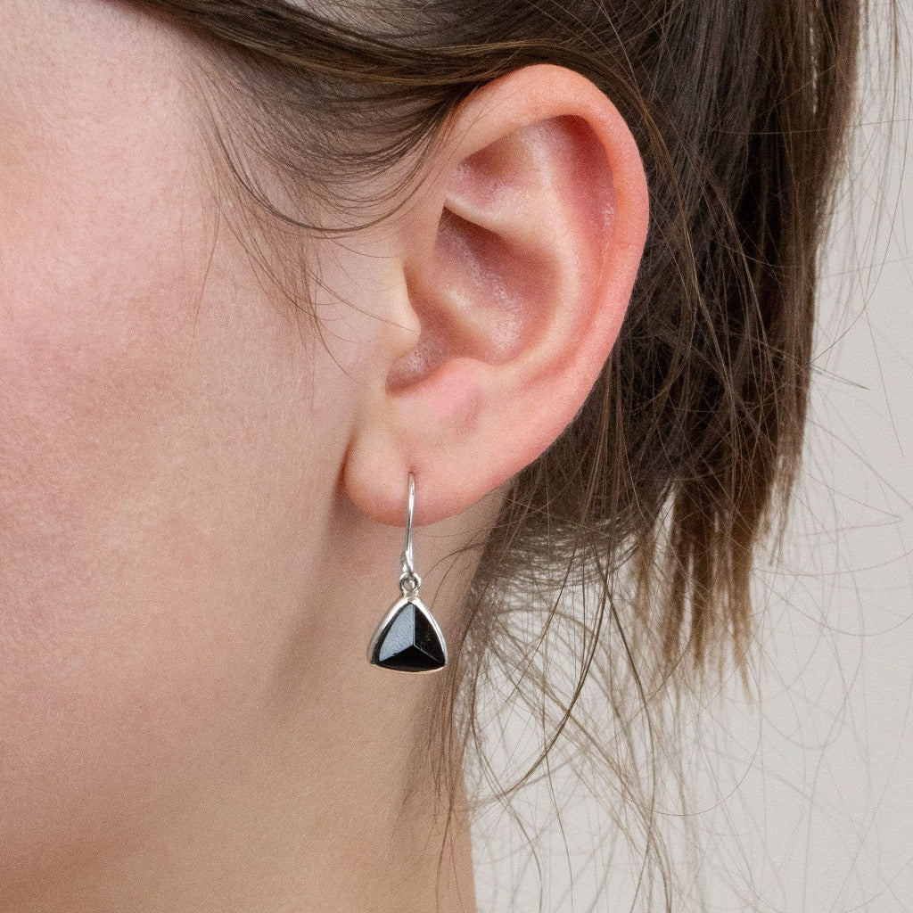 Black Tourmaline drop earrings on model