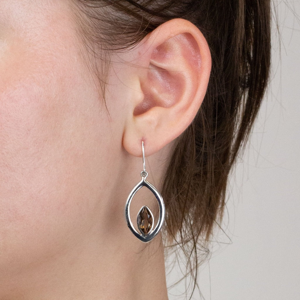 Smokey Quartz drop earrings on model