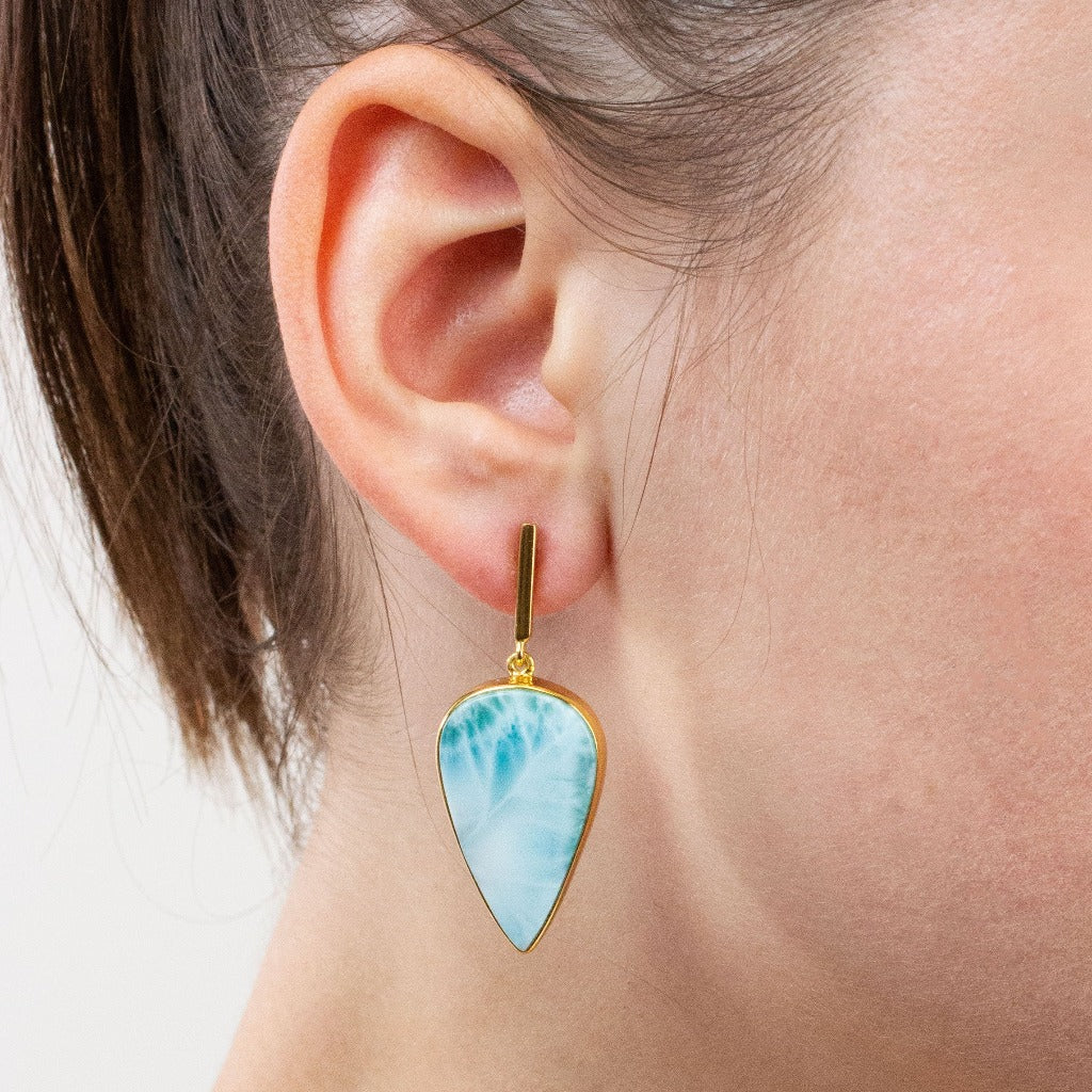 Larimar stud drops on model