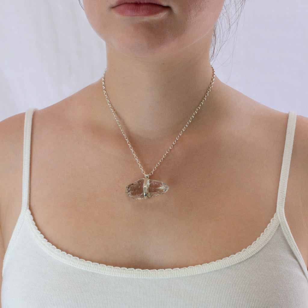 Raw Herkimer Diamond necklace on model