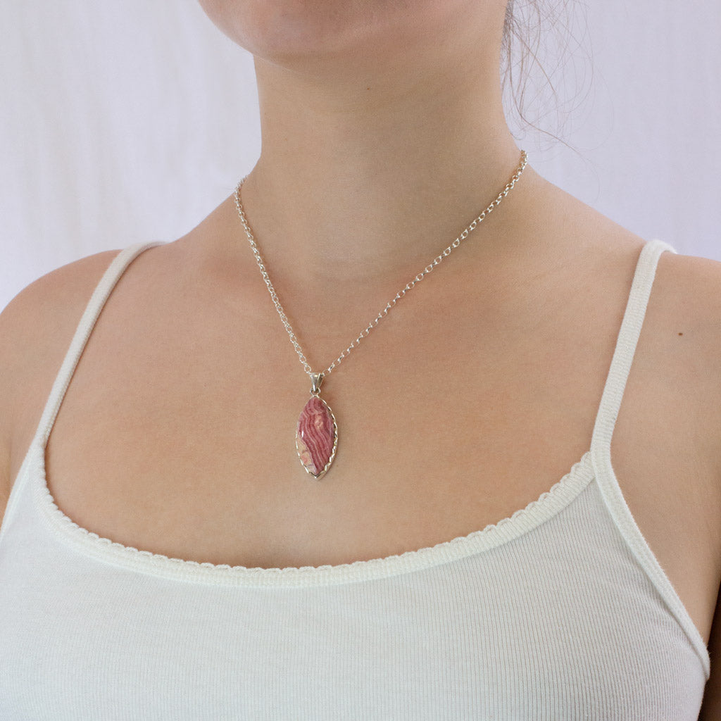 Rhodochrosite necklace on model
