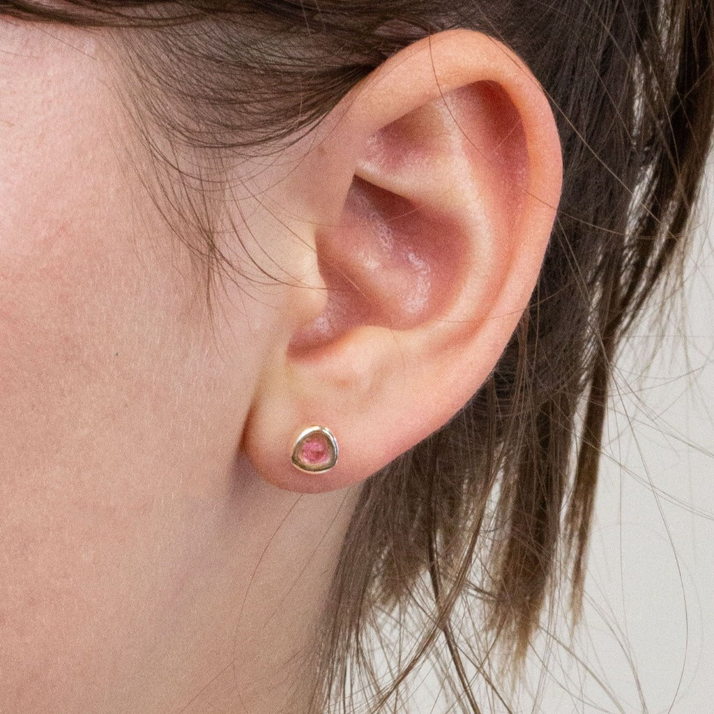 Watermelon Tourmaline stud earrings on model
