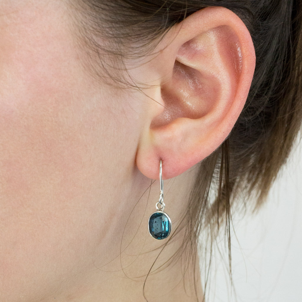 Kyanite drop earrings on model