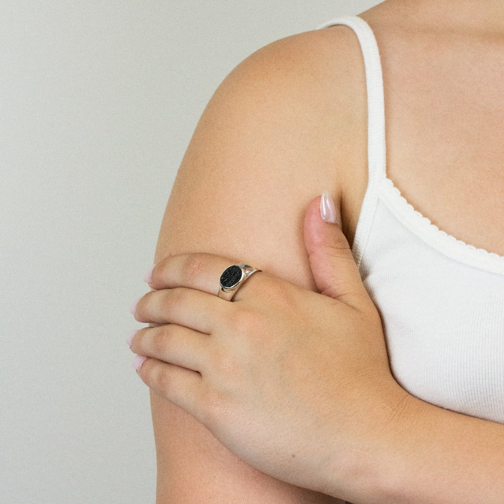 Black Tourmaline ring on model