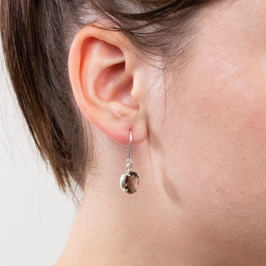 Smokey Quartz drop earrings on model