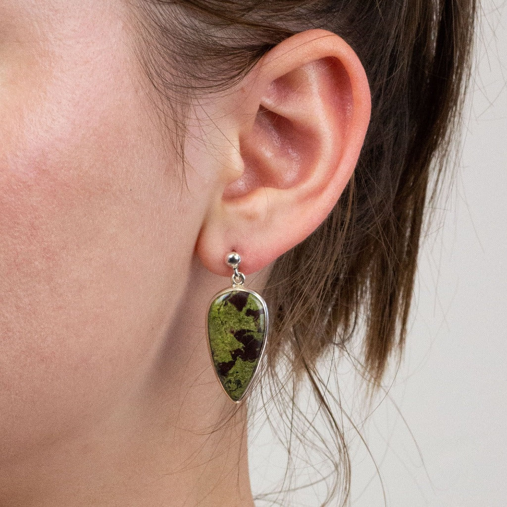 Dragon's Blood Jasper stud drop earrings on model
