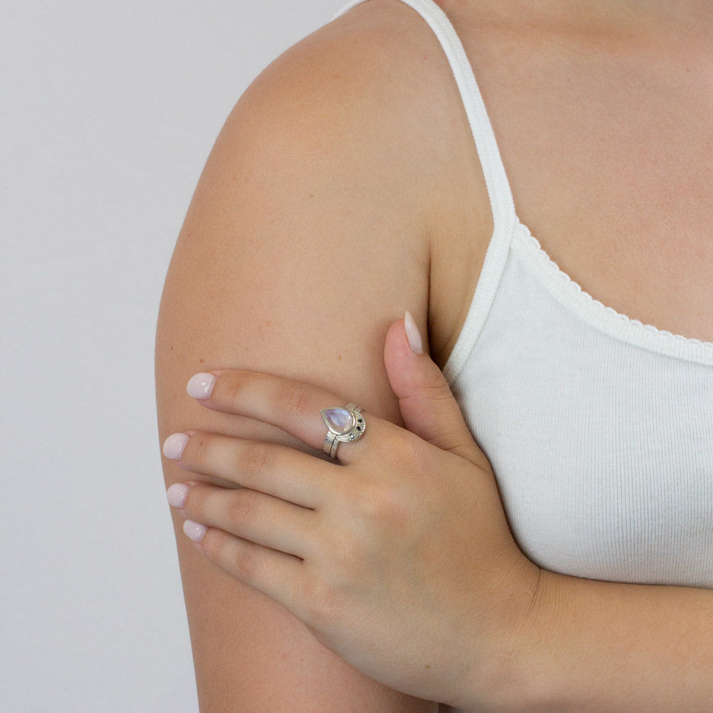 Rainbow moonstone ring on model