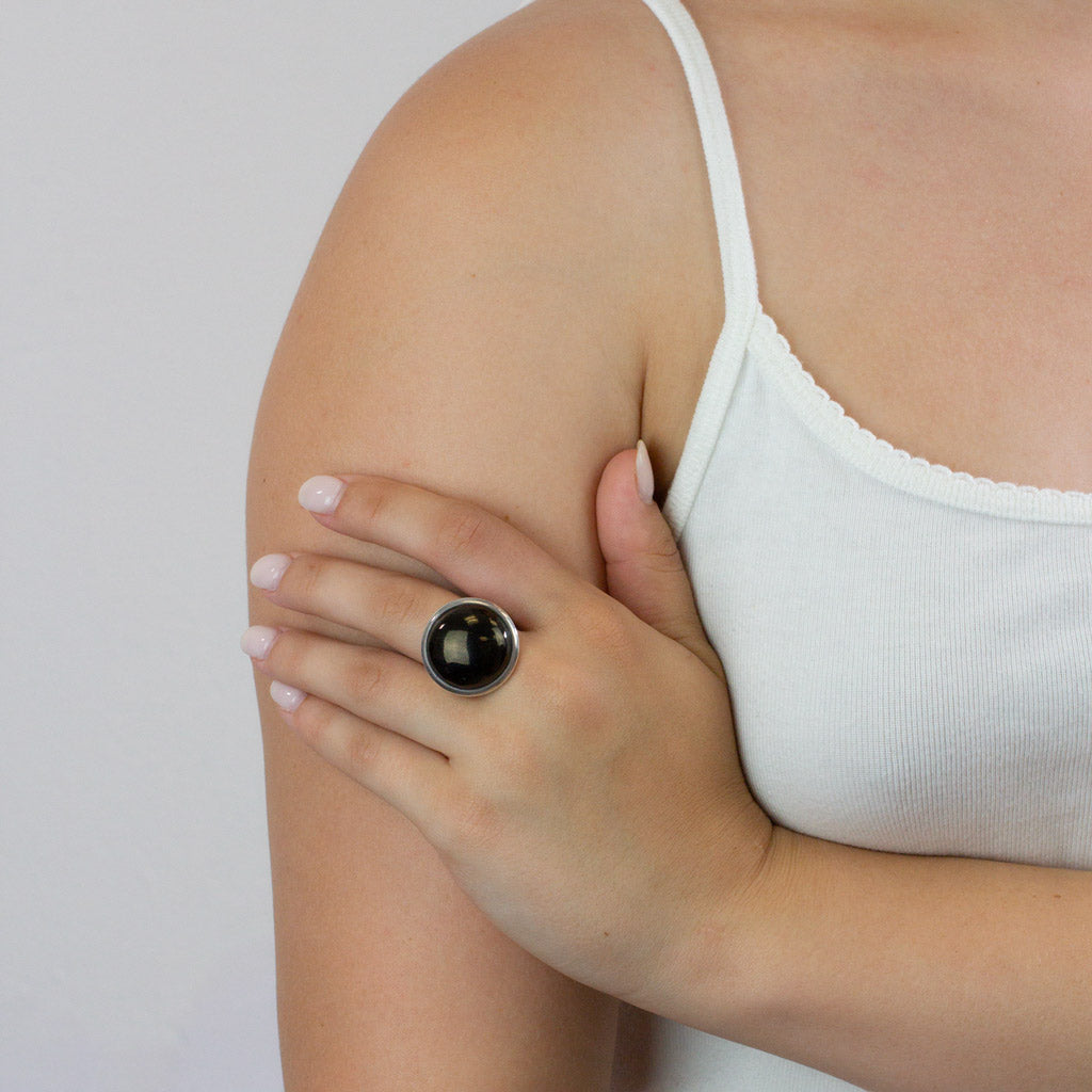 Round Cabochon Jet ring on model