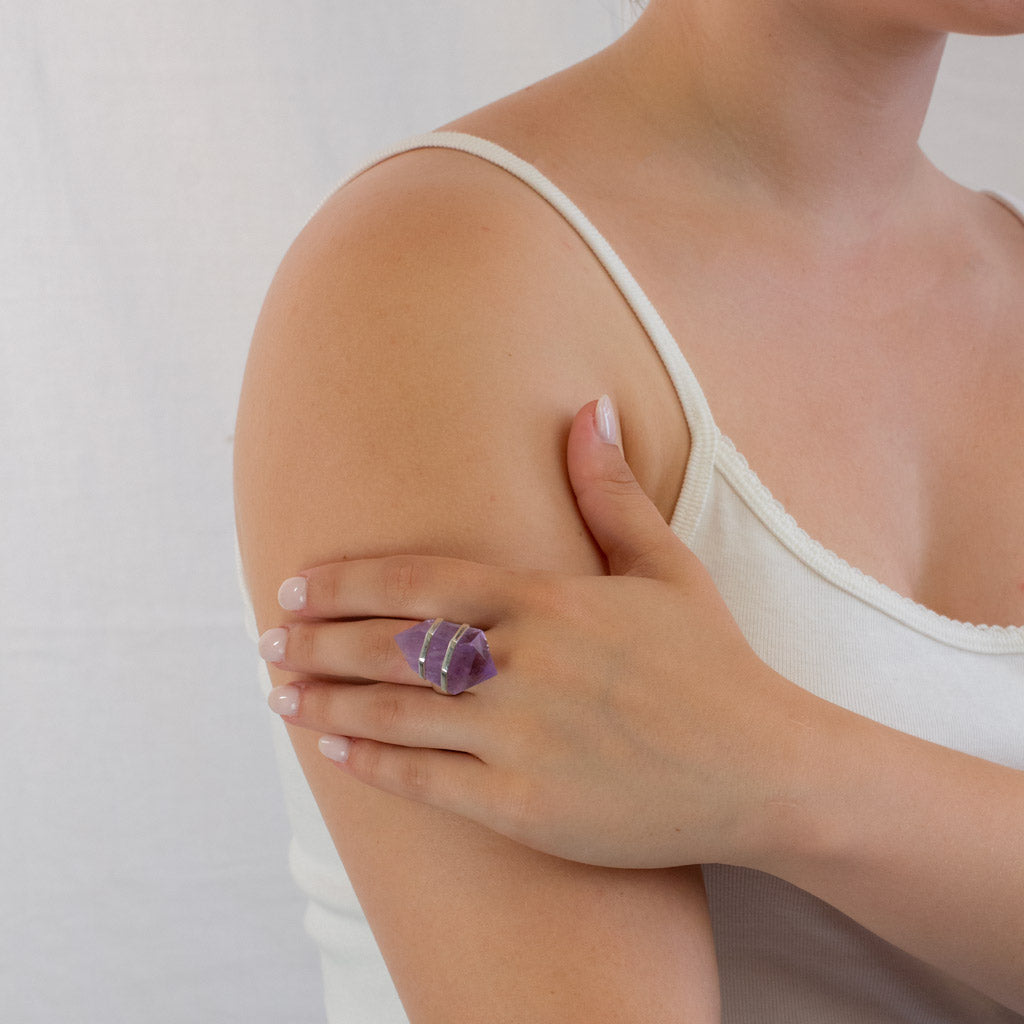 Faceted Amethyst Point ring on model