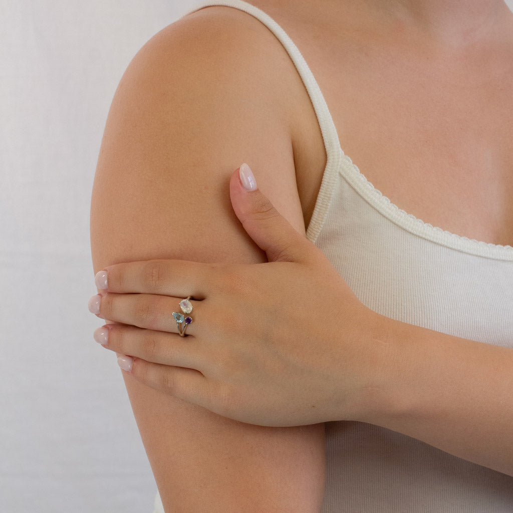 Amethyst, Blue Topaz, and Rainbow Moonstone ring on model