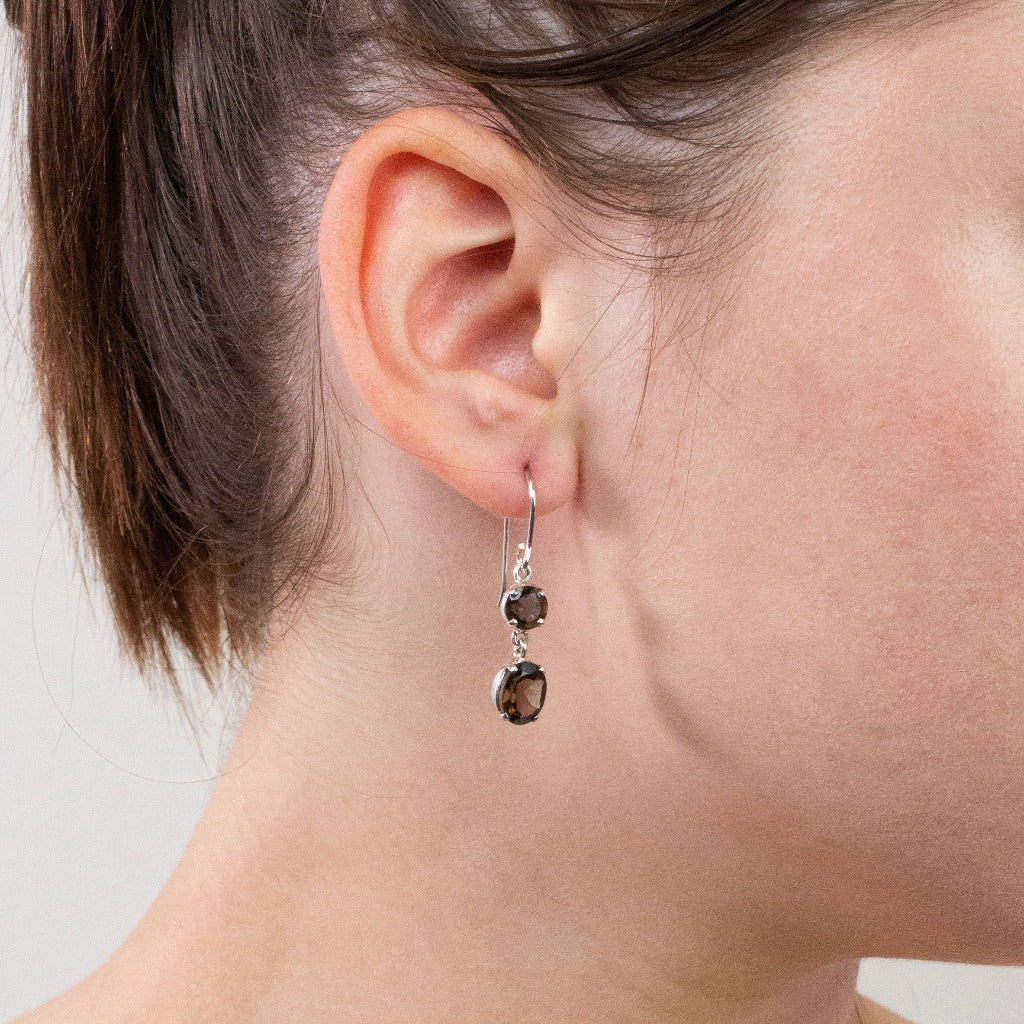 Smokey Quartz drop earings on model