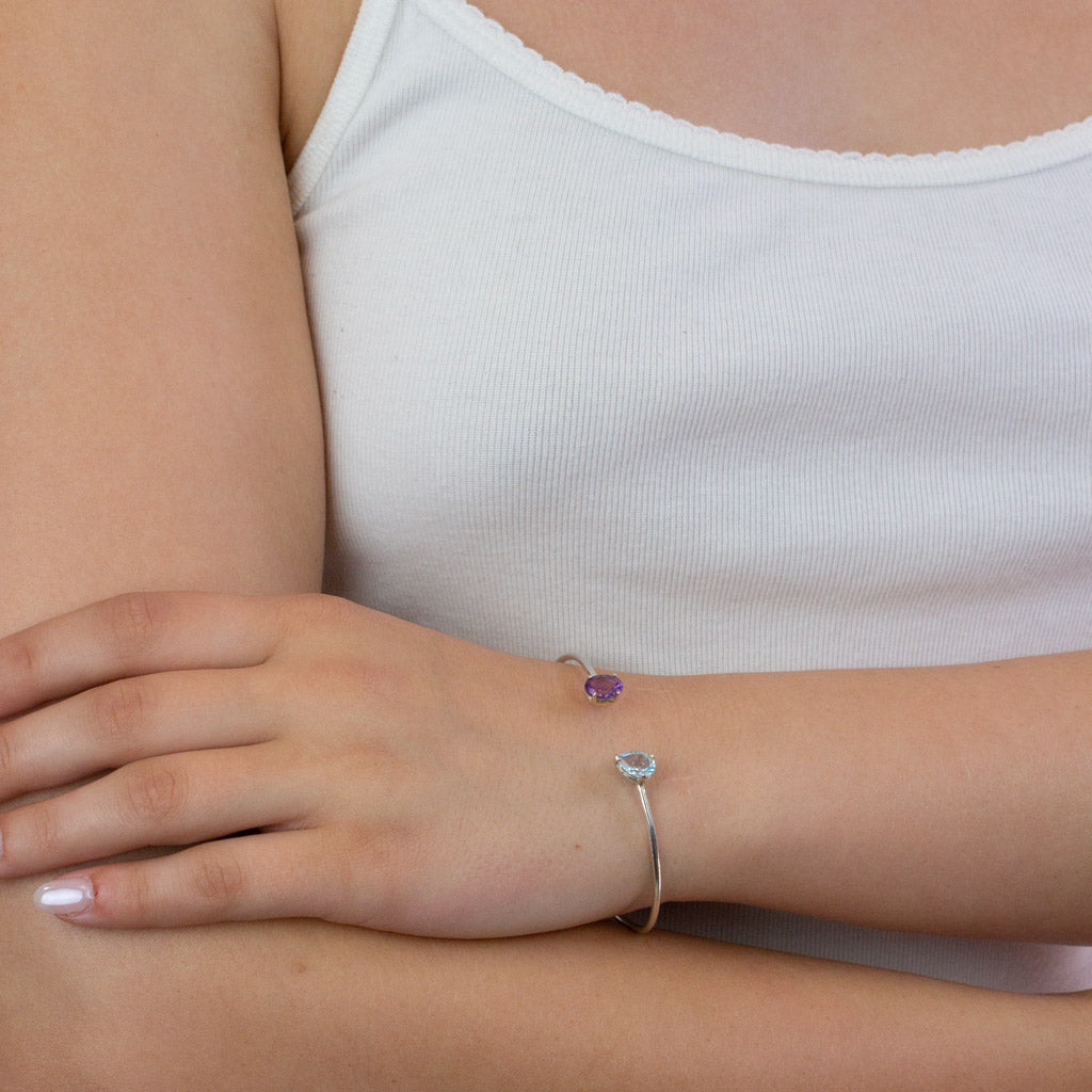 Amethyst and Blue Topaz bracelet on model