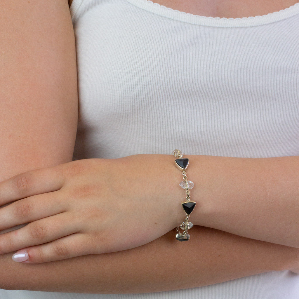 Black Tourmaline and Herkimer DIamond Bracelet on model