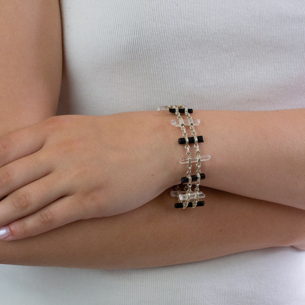 Black Tourmaline and Clear Quartz Bracelet on model
