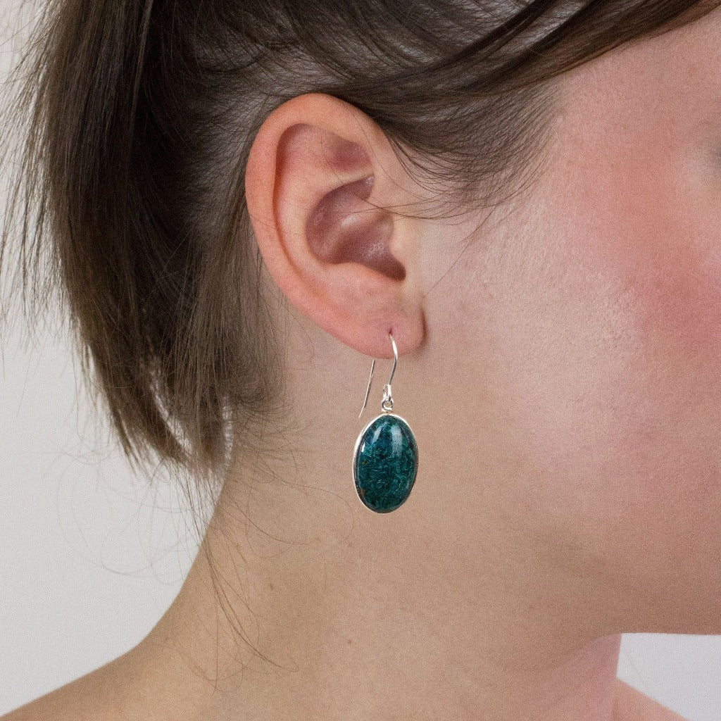 Chrysocolla Malachite drop earrings on model