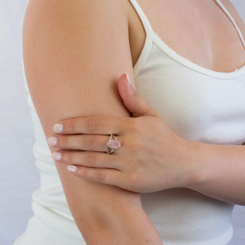 Faceted Oval Morganite ring on model