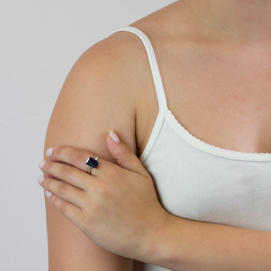 Faceted Rectangle Iolite ring on model
