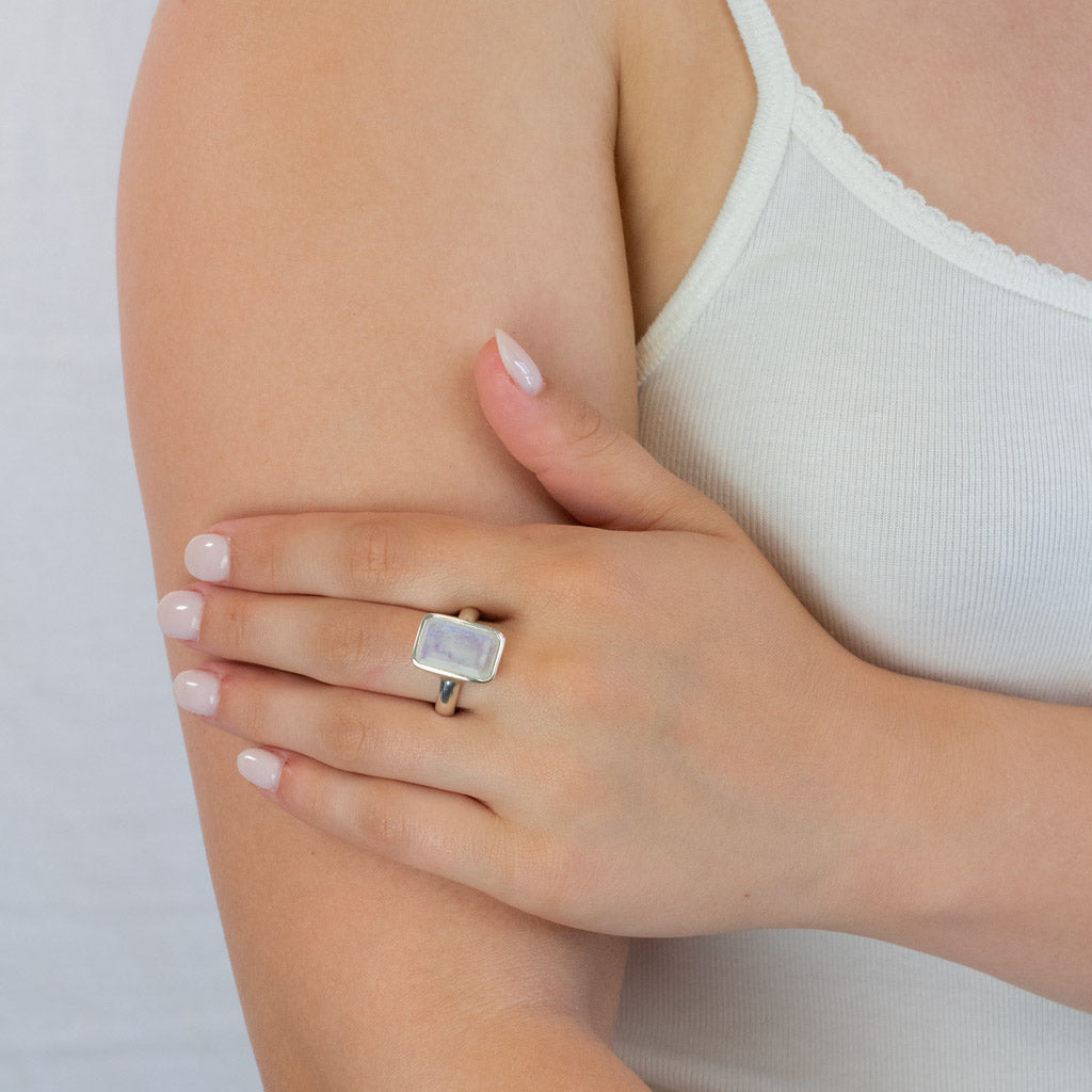 Faceted Rainbow Moonstone ring on model