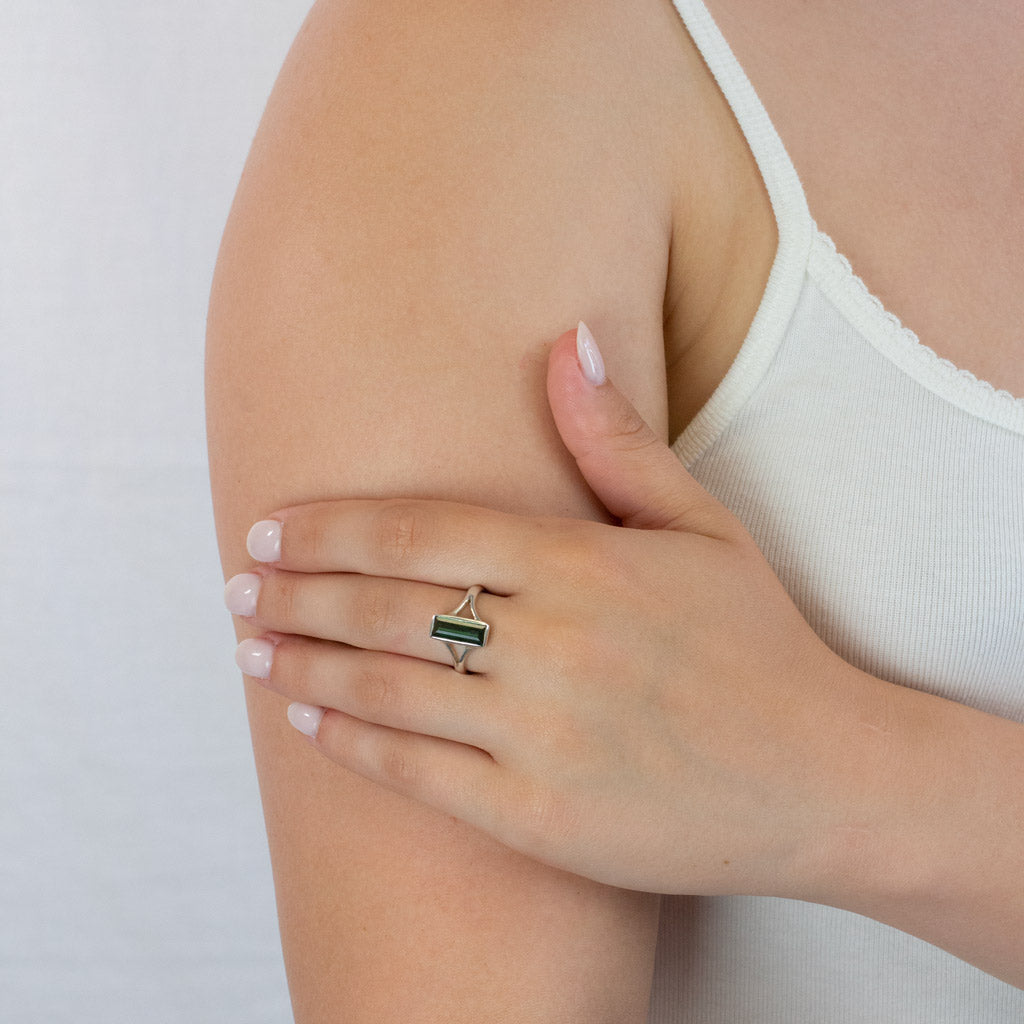 Green Tourmaline ring on model