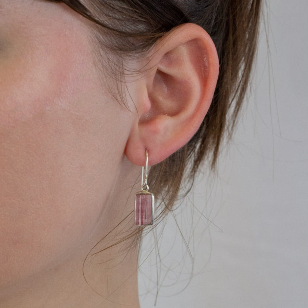 Pink Tourmaline drop earrings on model
