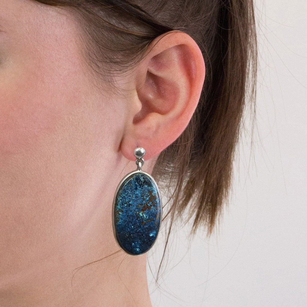 Shattuckite stud drop earrings on model