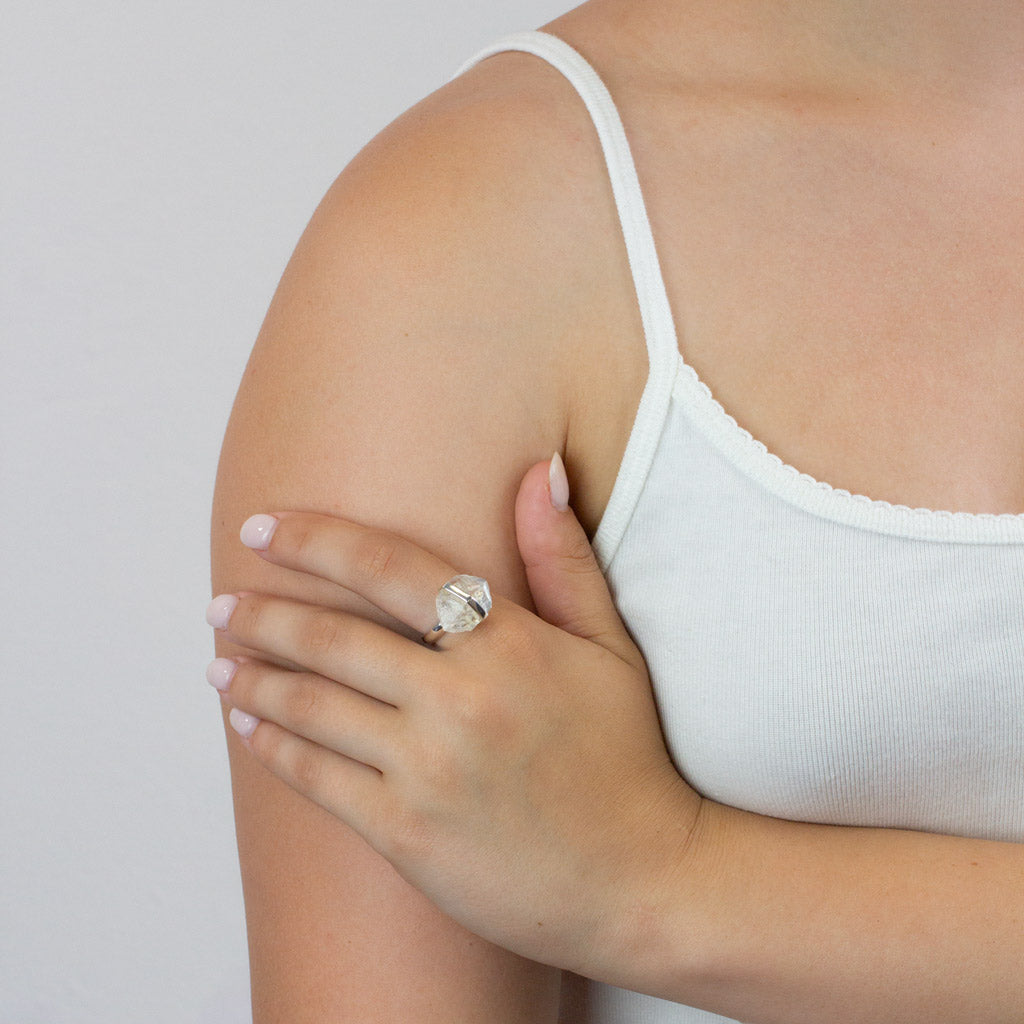 Raw Herkimer Diamond ring on model
