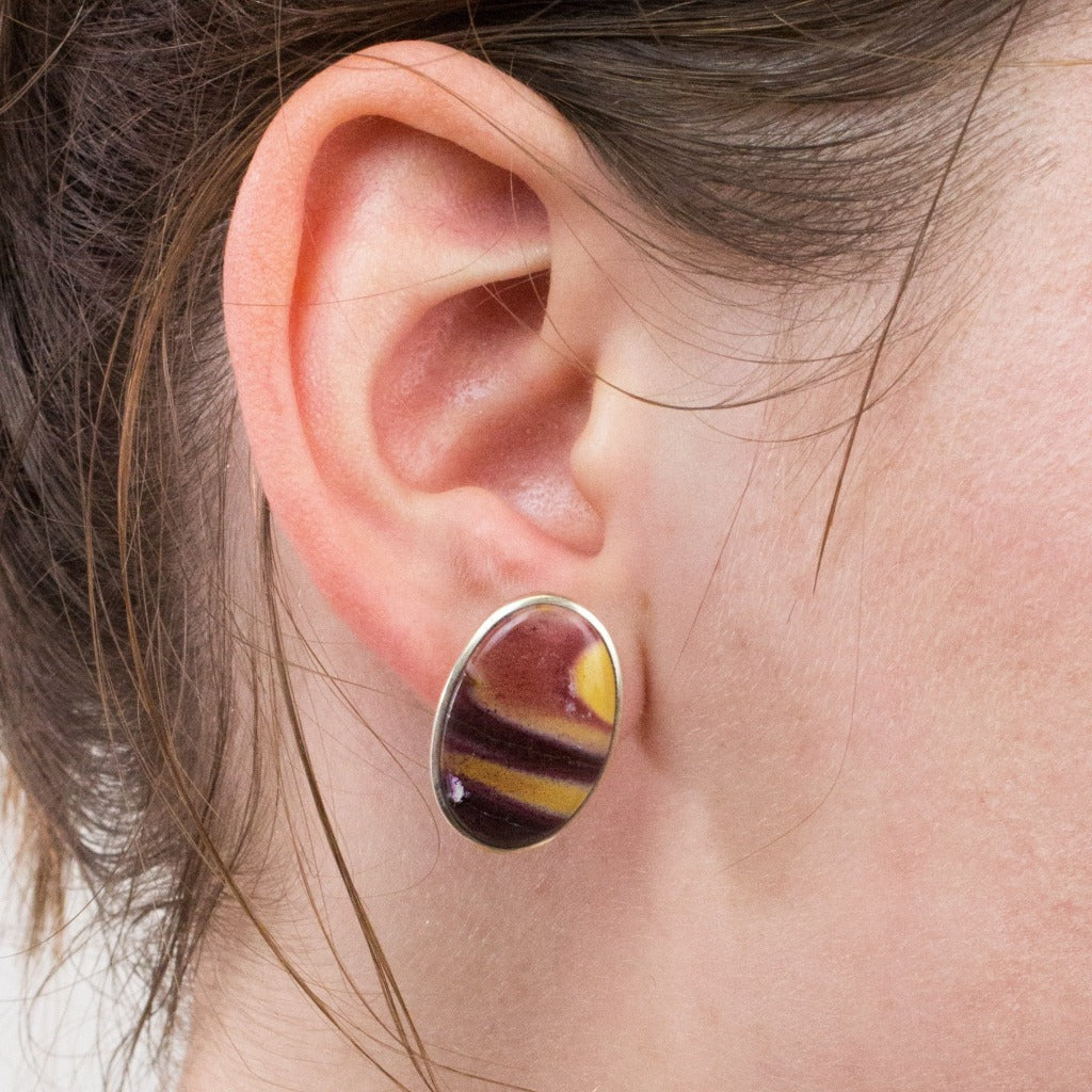 Mookaite stud earrings on model