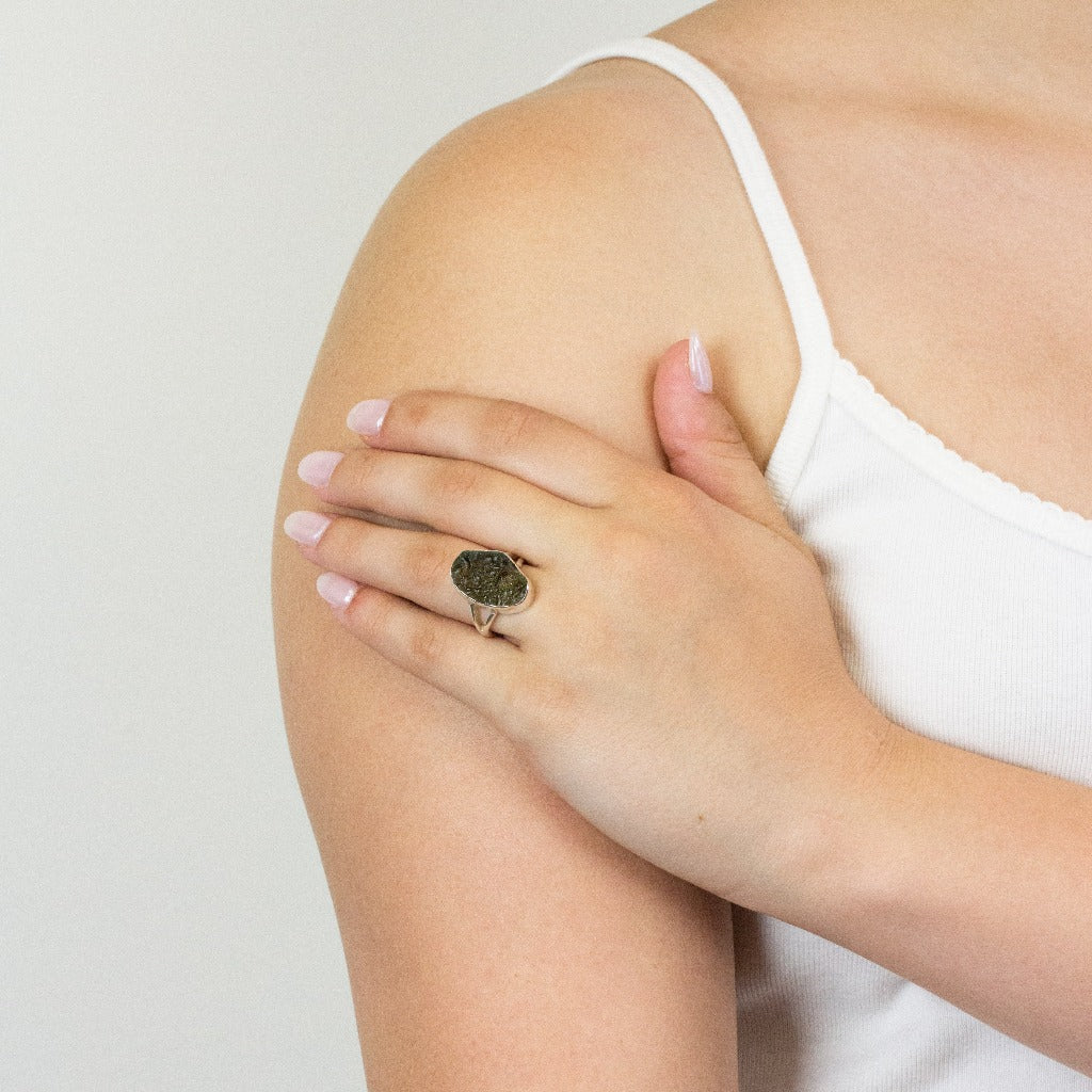 Moldavite ring on model